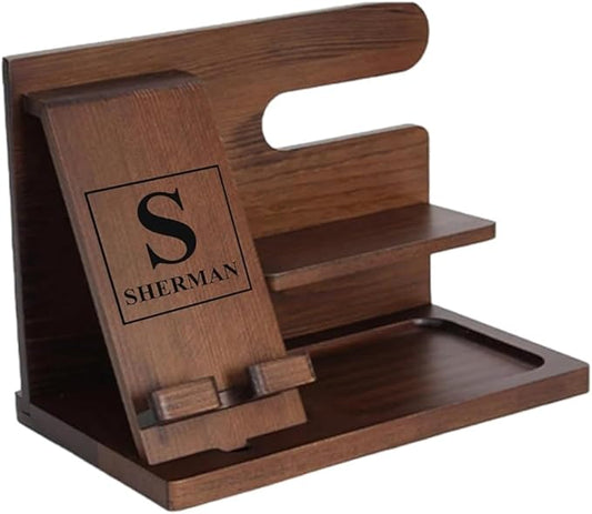 Bedside Organiser Wood Phone Docking Station Key Holder Wallet Stand Watch Organizer Valentines Gifts for Him Wooden Organiser