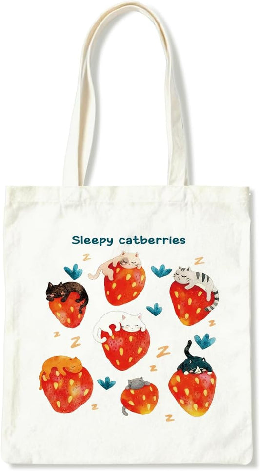 Canvas Tote Bag for Women, Sleepy Cat Berries Reusable Shoulder Bags, Birthday Christmas Gifts to Sister and Friends, Holiday Gift Bags for Wrap Storage, Casual Canvas Totes to Work Traveling