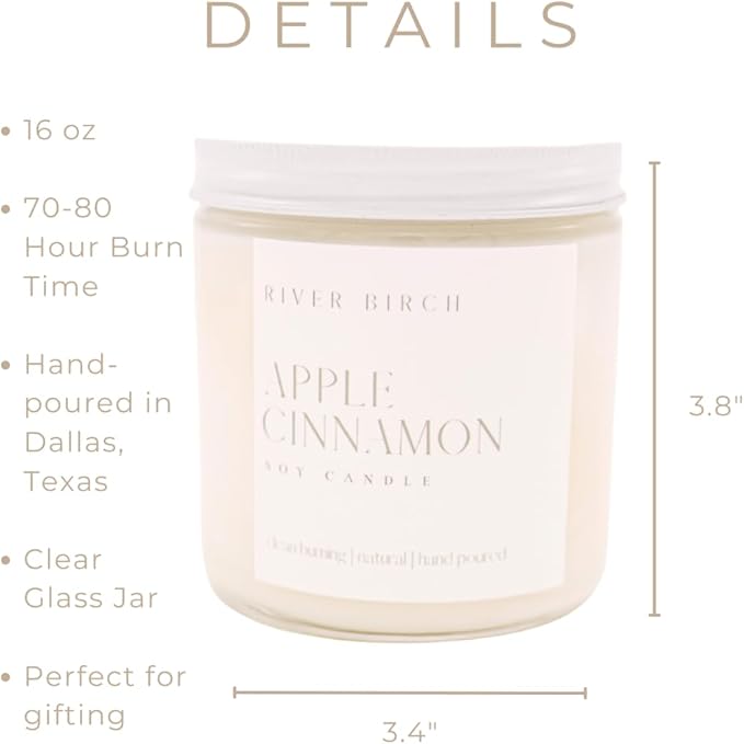 River Birch Candles Apple Cinnamon Scented Candle | Premium, All-Natural, Non-Toxic, Soy Candles | 16oz 90 Hr Burn Time | Cozy Relaxing Gifts for Home