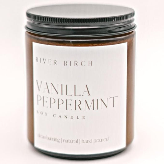 River Birch Candles Vanilla Peppermint Scented Candle | Premium, All-Natural, Non-Toxic, Soy Amber Jar Candles | 8.5oz 40 Hr Burn Time | Cozy Relaxing Gifts for Home