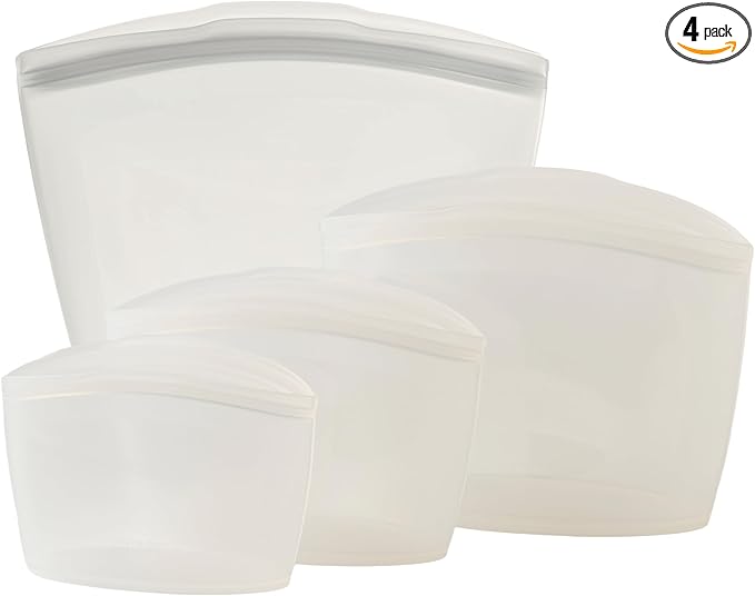 Blue Ginkgo Reusable Silicone Storage Bags – 4-Pack | Korean-Made Stand Up Food, Freezer Bags - Clear