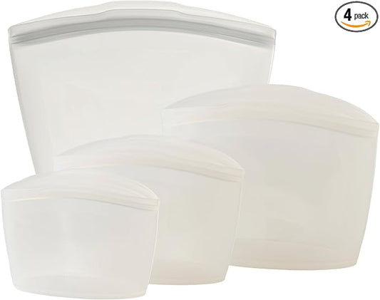 Blue Ginkgo Reusable Silicone Storage Bags – 4-Pack | Korean-Made Stand Up Food, Freezer Bags - Clear