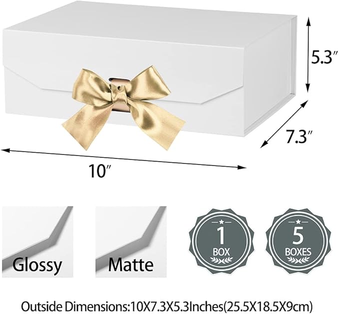 White Gift Box 10x7.3x3.5 Inches, Decorative Box with Ribbon, Empty Gift Box with Lid Magnetic Closure, Groomsman Box, Rectangle Collapsible Gift Boxes for Shirt (Matte White)