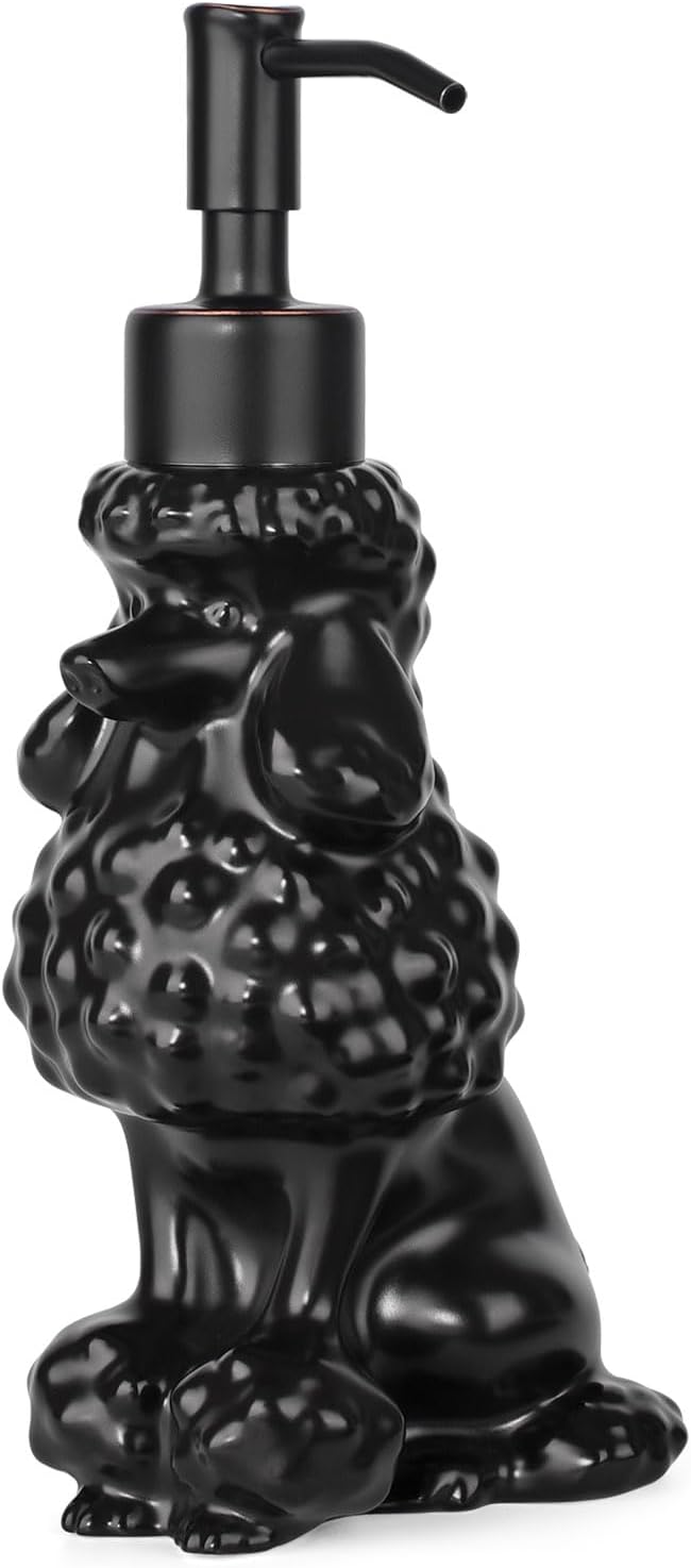 Poodle Shaped Soap/Lotion/Hand Sanitizer Ceramic Dog Lover Stainless Steel Pump Dispenser for Dog Mom Gifts, Refillable for Kitchen and Bathroom (Black)