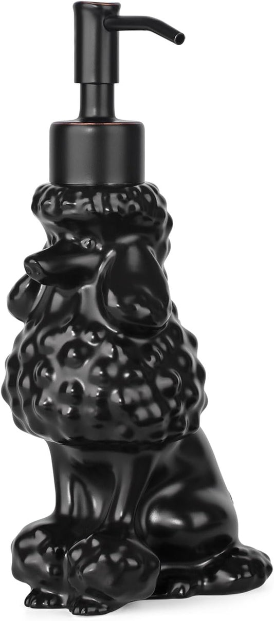 Poodle Shaped Soap/Lotion/Hand Sanitizer Ceramic Dog Lover Stainless Steel Pump Dispenser for Dog Mom Gifts, Refillable for Kitchen and Bathroom (Black)