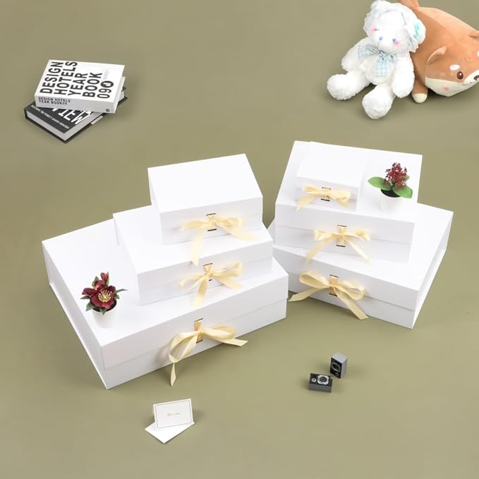 Large Gift Boxes with Lids 5 Pack 13X9X4 Inch Large White Gift Box with Ribbon Foldable Gift Boxes for Presents、Anniversary Gifts、Bridesmaid Proposal Box、Shredded Paper Filler & Cards