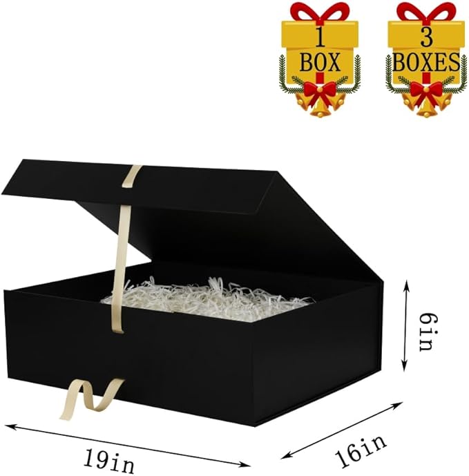 Extra Large Magnetic Gift Box with Lids 3 Pack 19x16x6 Inch Black Large Gift Box with Ribbon Foldable Gift Boxes for Presents Jumbo Box with Shredded Paper & Cards for Groomsman Proposal
