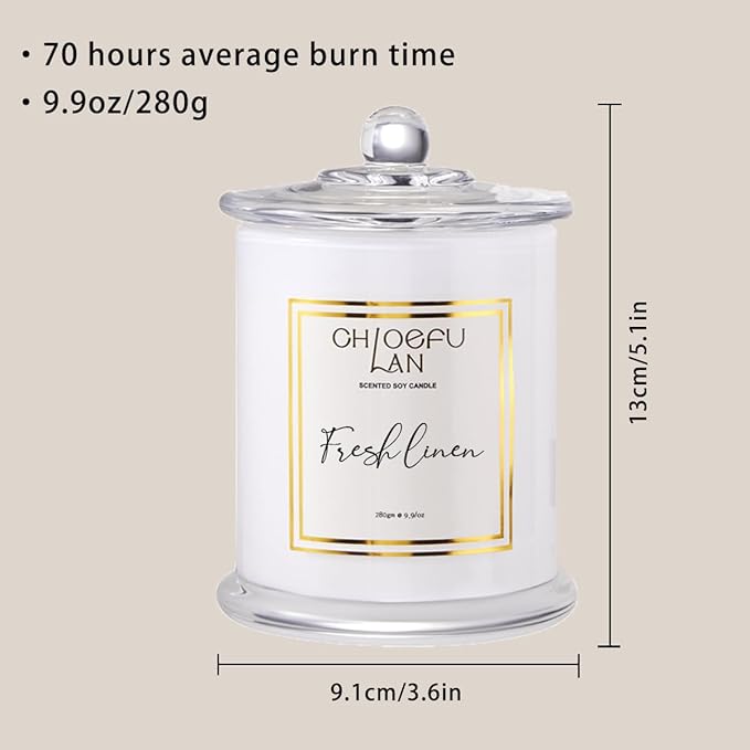 Chloefu LAN White Linen Candles, Luxury Scented Soy Jar Bathroom Candle, Highly Fragranced, Odor Eliminating Candles for Home, Air Freshing Soy Candle, White Glass Jar, Essential Oils, 75 Hours 10 oz