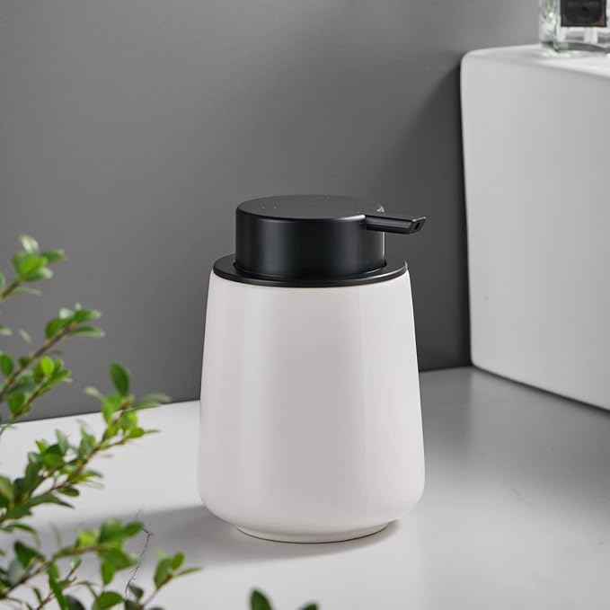 12Oz Foaming Hand Soap Dispenser - White Foam Soap Dispenser Bathroom with Easy-to-Press Pump, Modern Refillable Liquid Lotion Hand Soap Dispenser, Ceramic Dish Soap Dispenser for Kitchen