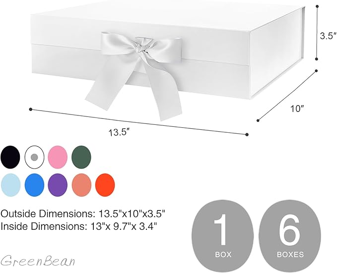 GREEN BEAN Large Gift Box with Lid for Presents 13x9.7x3.4 Inches, White Magnetic Gift Box with Ribbon, Bridesmaid Proposal Box, Luxury Gifts Box (Glossy White)