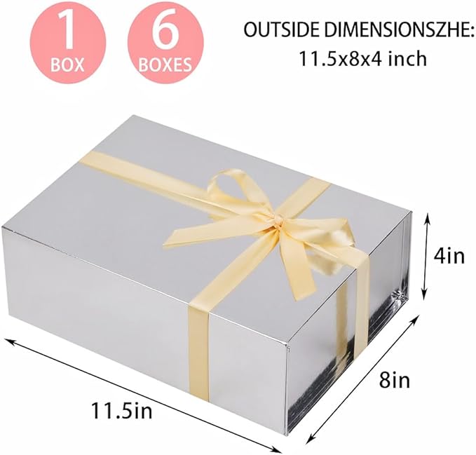 UoeRing 1 Pcs Silver Gift Box 11.5x8x4 inch Luxury Gift Box for Presents with Magnetic Lid Collapsible,Birthday,Christmas,Contains Card, Ribbon, Tissue Paper,Shredded Paper Fille