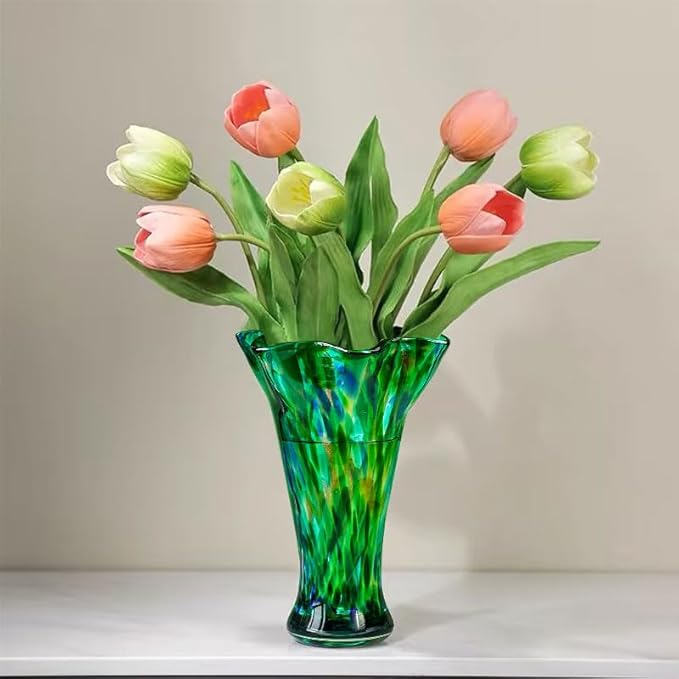 Green Blown Glass Vase for Flowers, 9.6" Teal Vase for Home Decor, Modern Art Flower Vases Decorative Table Centerpiece, Wedding, Living Room, Bookshelf, Entryway, Gift for Women Mom