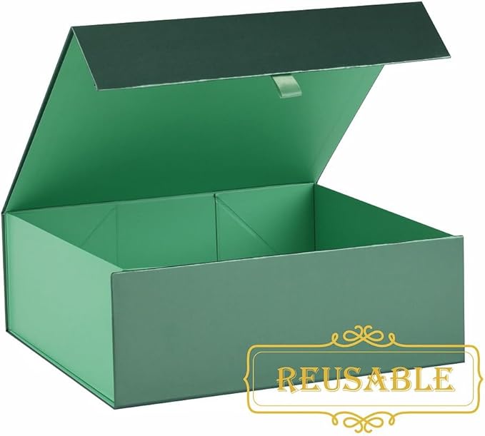 2 Pcs Large Gift Box 13.5x11.8x4.7 Inches, Green Gift Boxes for Presents with Magnetic Closure Lid, Luxury Gift Box Rectangle Collapsible Boxes for Gift Packaging