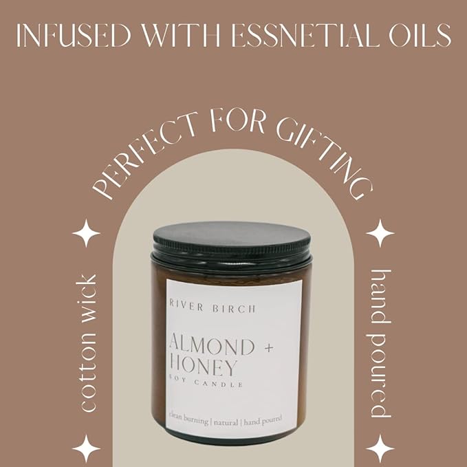 River Birch Candles Almond + Honey Scented Candle | Premium, All-Natural, Non-Toxic, Soy Amber Jar Candles | 8.5oz 40 Hr Burn Time | Cozy Relaxing Gifts for Home