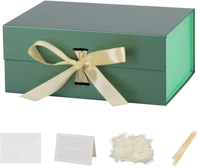 BoxSkivra Green Gift Box with Shredded Paper 1 Pack 9.5X7X4 Inch Small Magnetic Gift Box with Lid Rectangle Collapsible Luxury Box with Ribbon for Presents Crinkle Cut Paper Shred with Card