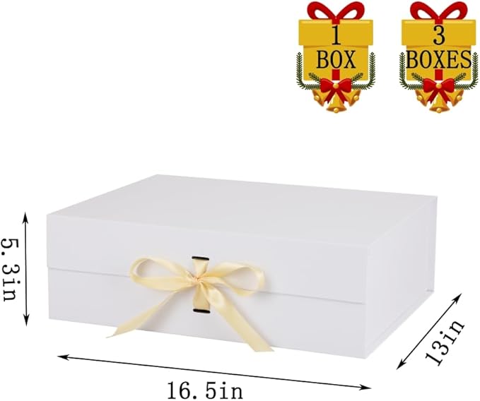 Extra Large Magnetic Gift Box with Lids 3 Pack 16.5X13X5.3 Inch White Large Gift Box with Ribbon Foldable Gift Boxes for Presents Bridesmaid Proposal Jumbo Box with Shredded Paper Filler & Cards