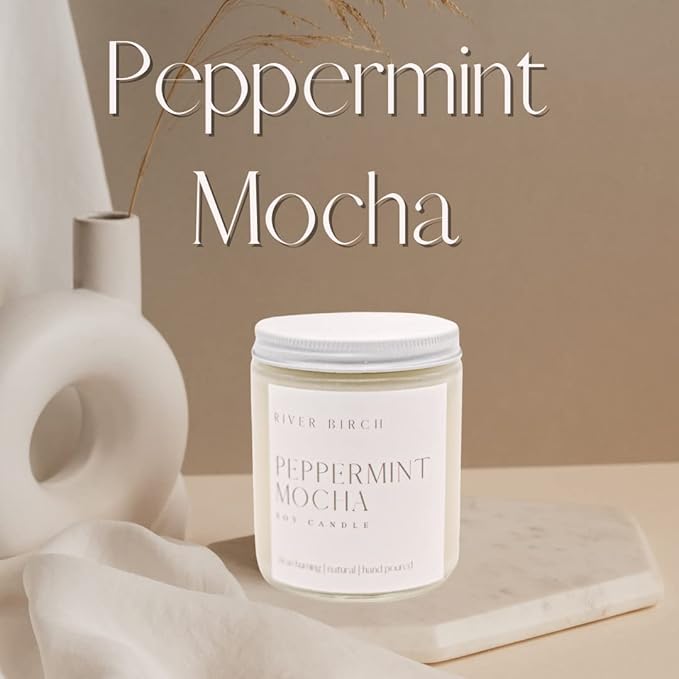 River Birch Candles Peppermint Mocha Scented Candle | Premium, All-Natural, Non-Toxic, Soy Candles | 8.5oz 40 Hr Burn Time | Cozy Relaxing Gifts for Home