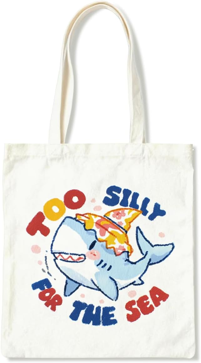 Canvas Tote Bag for Women, Too Silly for The Sea Reusable Shoulder Bags, Shark Totes Bag, Reusable Gift Beach Shopping Totes Bags, Birthday Christmas Gifts to Friends