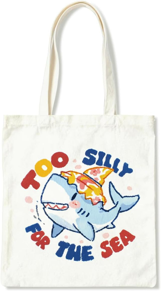 Canvas Tote Bag for Women, Too Silly for The Sea Reusable Shoulder Bags, Shark Totes Bag, Reusable Gift Beach Shopping Totes Bags, Birthday Christmas Gifts to Friends