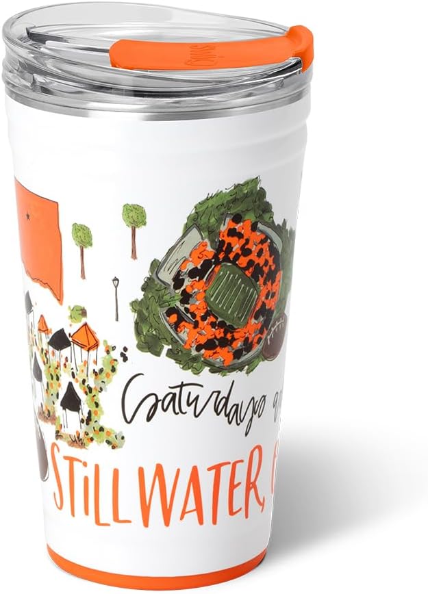 Swig Life 24oz Party Cup, Stackable Insulated Travel Coffee Tumbler with EZ Slider Lid, Cup Holder Friendly, Stainless Steel 24 oz Tumbler, Reusable Mug (Saturdays In Stillwater)