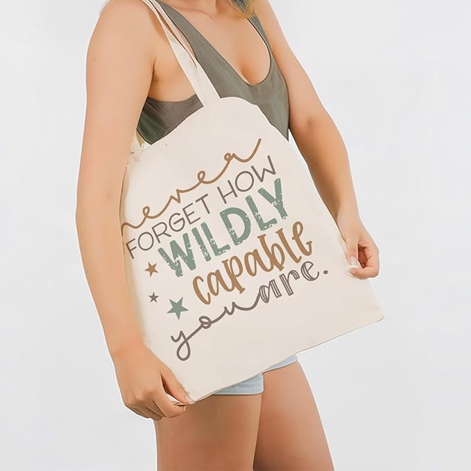 Funny Canvas Tote Bag, Never Forget How Wildly Capable You Are Tote Bag, Inspirational Canvas Totes for Work Traveling, Reusable Grocery Shoulder Shopping Bags, Christmas Gifts to Women Friends