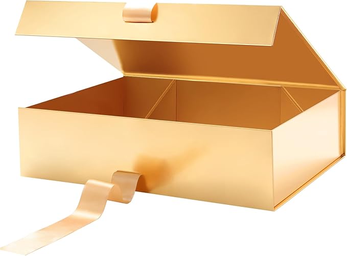 GREEN BEAN Large Gift Box with Lid for Present 13x9.7x3.4 Inches, Gold Magnetic Luxury Gift Box with Ribbon, Bridesmaid Proposal Gifts Box (Glossy Gold)