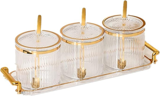 Acrylic Condiment Spice Jars and Box with Lids, Spoons, Tray - 3 Pack, Clear Plastic Canisters, Seasoning Box Set for Salt, Paprika, Sugar - Kitchen Storage