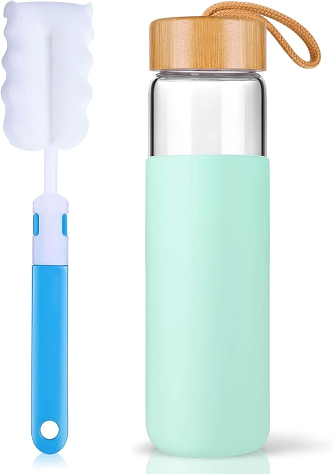 20 Oz Borosilicate Glass Water Bottles with Silicone Sleeve BPA Free, Dishwasher Safe - Reusable Clear Glass Drinking with Leak Proof Bamboo Lid | Perfect Gym Water Bottles for Men & Women