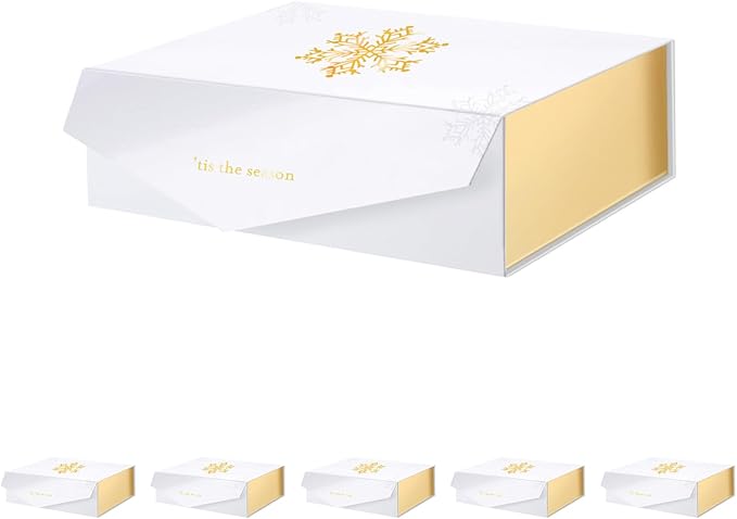 PACKHOME 6 Large Christmas Gift Boxes with Lids 13.5x9x4.1 Inches, Sturdy Collapsible Gift Boxes with Magnetic Closure (Gold Snowflake Pattern)