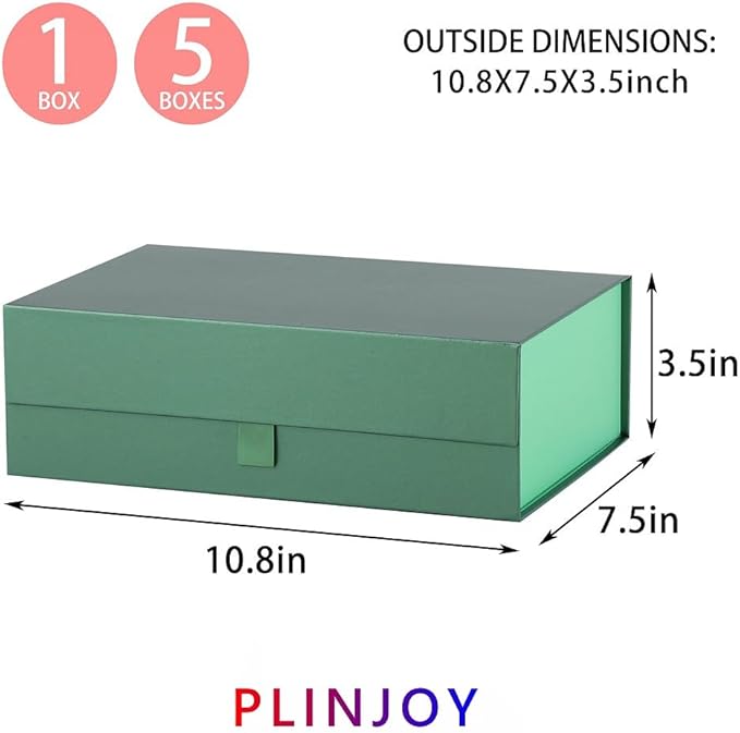 5 Pcs Green Gift Box for Presents 10.8x7.5x3.5 Inches Magnetic Gift Boxes with Lid Luxury Gift Box for Rectangle Collapsible for Bridesmaid, Wedding,Birthday Gift Packging