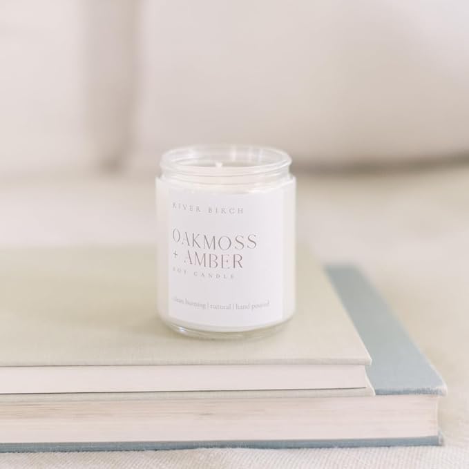 River Birch Candles Oakmoss + Amber Scented Candle | Premium, All-Natural, Non-Toxic, Soy Wax | 8.5oz 40 Hr Burn Time | Cozy Relaxing Gifts for Home