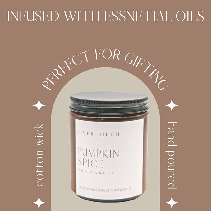 River Birch Candles Pumpkin Spice Scented Candle | Premium, All-Natural, Non-Toxic, Soy Amber Jar Candles | 8.5oz 40 Hr Burn Time | Cozy Relaxing Gifts for Home