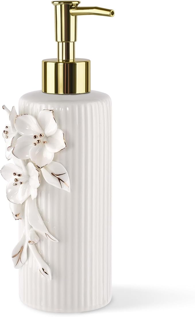Handmade Ceramic Flower Soap Pump Dispenser Hand Lotion Liquid Dispenser Refillable for Kitchen and Bathroom Decorative (Flower Gold)