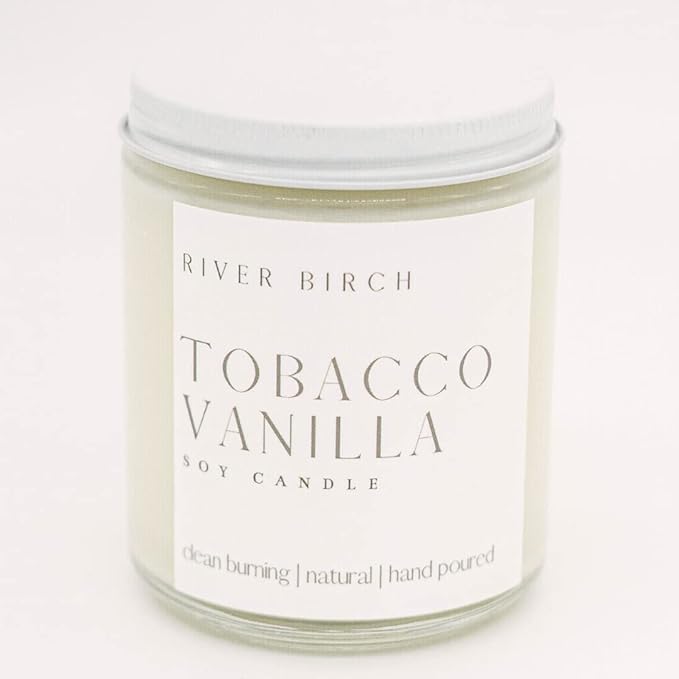 River Birch Candles Tobacco Vanilla Scented Candle | Premium, All-Natural, Non-Toxic, Soy Candles | 8.5oz 40 Hr Burn Time | Cozy Relaxing Gifts for Home