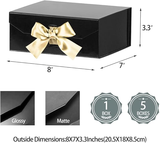 Black Gift Box 8x7x3.3 Inches, Luxury Gift Box with Ribbon, Empty Box with Lid Magnetic Closure, Groomsman Box, Collapsible Small Gift Boxes for Presents Packaging, Wedding (Glossy Black)