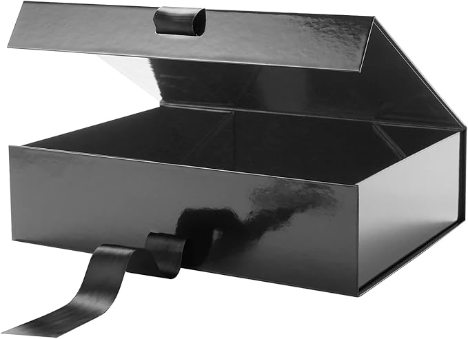 GREEN BEAN Large Gift Box with Lid for Present 13x9.7x3.4 Inches, Fathers Day Black Magnetic Luxury Gift Box with Ribbon, Groomsmen Proposal Box (Glossy Black)