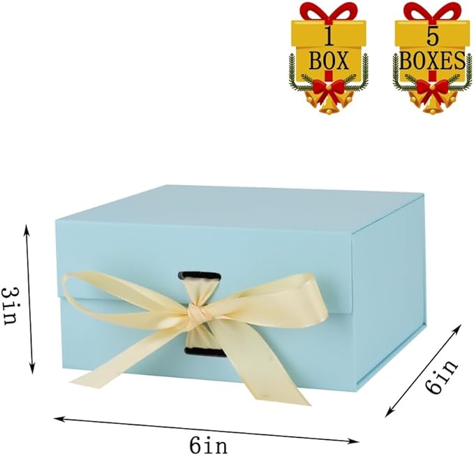 Small Gift Boxes with Lids 5 Pack 6X6X3 Inch Blue Gift Box with Ribbon Christmas Gift Box Foldable Gift Boxes for Presents、Graduation、Birthdays，Shredded Paper Filler & Cards