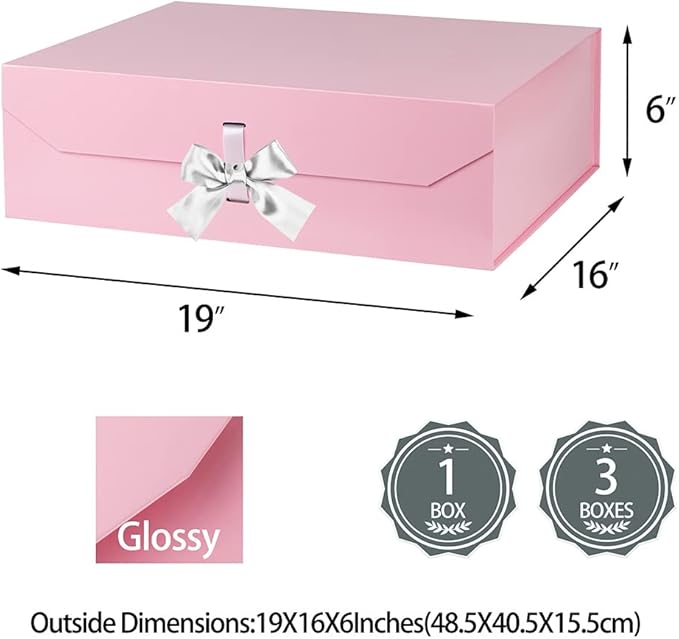 Extra Large Pink Gift Box with Ribbon 19x16x6 Inches, Gift Box with Lid Magnetic Closure, Groomsman Proposal Box, Rectangle Collapsible Gift Boxes for Wedding Dress(Pink)