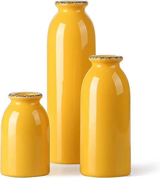 CWLWGO-Ceramic Yellow Vase Set of 3, Home Decorative Vases,Modern Farmhouse Decoration, Living Room Accents & Dining Table Centerpieces,Idea Bookshelf Décor, Mantel and Entrance Decorative.