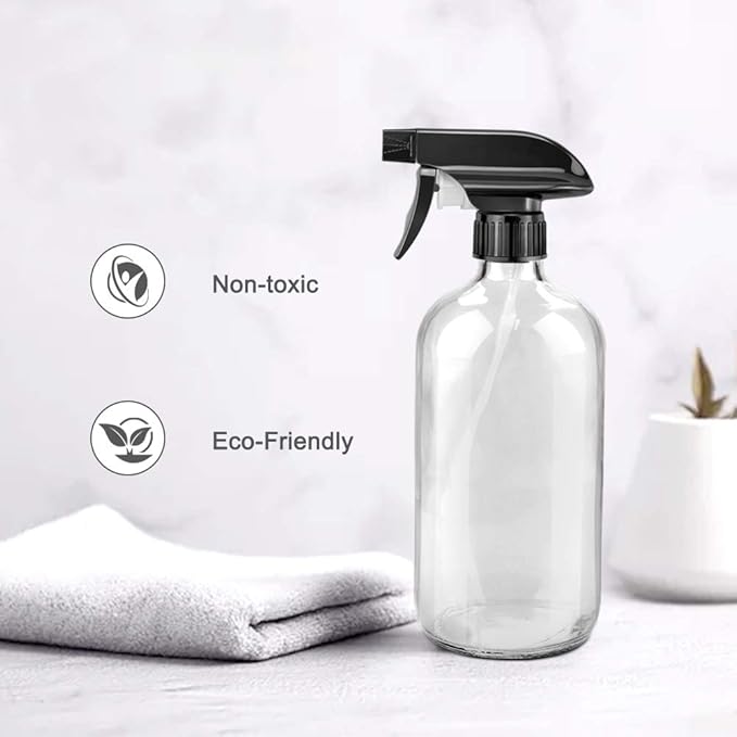 Glass Spray Bottles, 16oz Refillable Containers, Empty Boston Round Bottles with Labels & Adjustable Nozzle for Cleaning, Gardening, Aromatherapy, Pets, Plant, Hair -Clear (1 Pack)