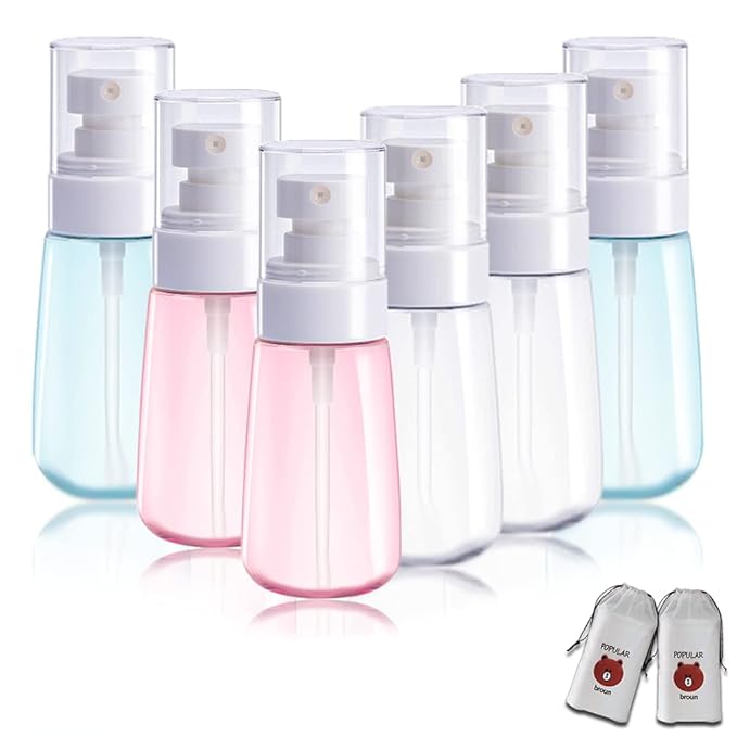 6 PCS Small Spray Bottle Travel Size 60ml 2oz Empty Spray Bottles Fine Mist Hairspray Bottle Mister Spray Bottle Refillable Containers for Essential Oils Cosmetic Skincare Perfume + Drawstring Bag