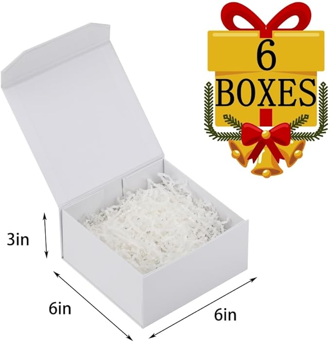 6 Pcs Small White Gift Box 6x6x3 Inch Magnetic Gift Box Small Magnetic Box with Crinkle Paper White Small Gift Box with Shredded Paper Luxury Gift Boxes with Lids for Presents
