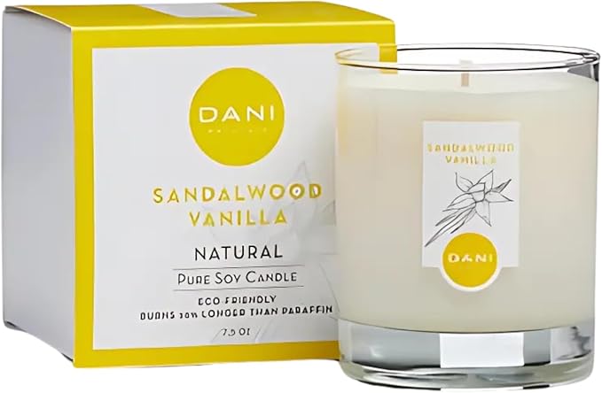 DANI Naturals Soy Candle - Sandalwood Vanilla Scented - 100% Pure Soy Wax, Kosher, Eco-Friendly, Non-Toxic, Long-Lasting Burn - 7.5 oz