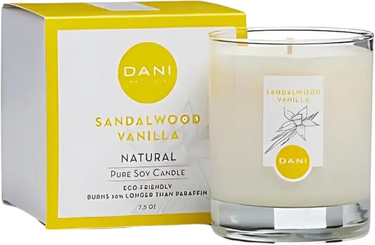 DANI Naturals Soy Candle - Sandalwood Vanilla Scented - 100% Pure Soy Wax, Kosher, Eco-Friendly, Non-Toxic, Long-Lasting Burn - 7.5 oz