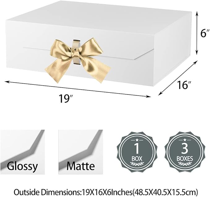 Extra Large White Gift Box 19x16x6 Inches, Gift Boxes with Ribbon, Gift Box with Lid Magnetic Closure, Groomsman Proposal Box, Rectangle Collapsible Boxes for Wedding Dress(Glossy White)
