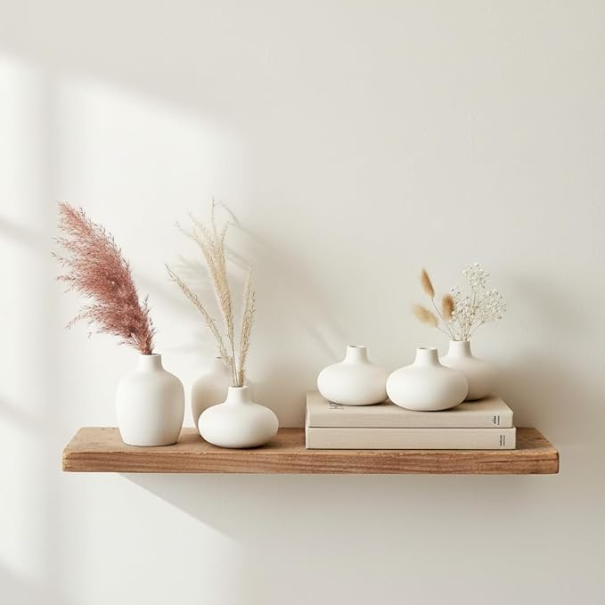 Carrot's Den - Set of 6 Nordic Minimalist White Ceramic Donut Bud Vases for Decor | Modern Boho Vases for Dry Flowers + House Plants | Wedding, Bookshelf, Home Decor, Coffee Table, Centerpiece (White)