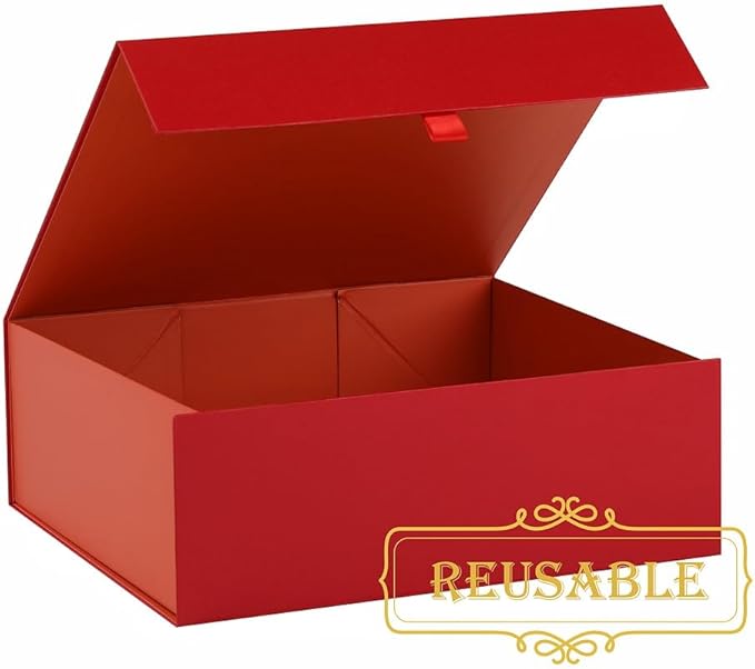 2 Pcs Large Gift Box 13.5x11.8x4.7 Inches, Red Gift Boxes for Presents with Magnetic Closure Lid, Luxury Gift Box Rectangle Collapsible Boxes for Gift Packaging