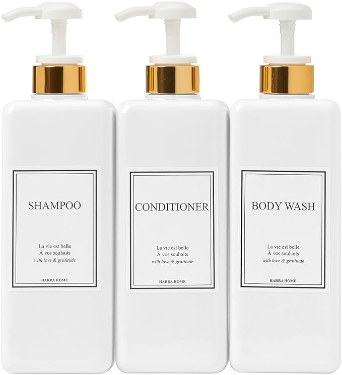 Modern Gold Design Large 27 oz Shampoo and Conditioner Dispensers - Empty Plastic Refillable Pump Bottle Set for Bathroom Shower Soap Dispenser, Gift Box Included, Set of 3 (White)