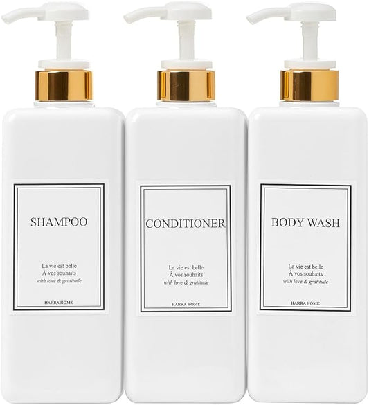 Modern Gold Design Large 27 oz Shampoo and Conditioner Dispensers - Empty Plastic Refillable Pump Bottle Set for Bathroom Shower Soap Dispenser, Gift Box Included, Set of 3 (White)