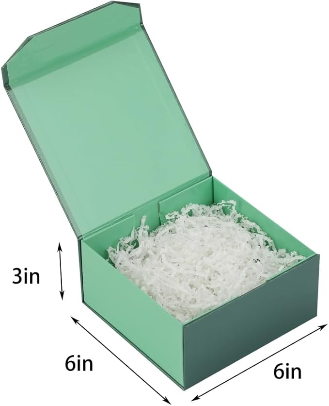 1 Pcs 6x6x3 Inch Green Magnetic Gift Box Small Magnetic Box with Crinkle Paper Green Small Gift Box with Shredded Paper Luxury Gift Boxes with Lids for Presents
